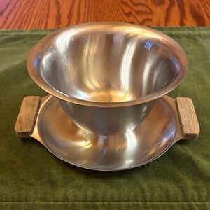 Vintage MCM 18-8 Stainless Steel Gravy Boat Server Wooden Handles made in Japan